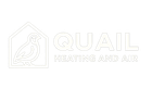 Quail Heating and Air logo with a white bird outline and bold white text on a black background