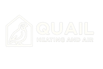 Quail Heating and Air logo with a white bird outline and bold white text on a black background