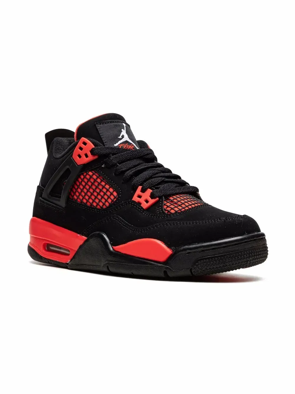 Black and red Air Jordan 4 sneaker.