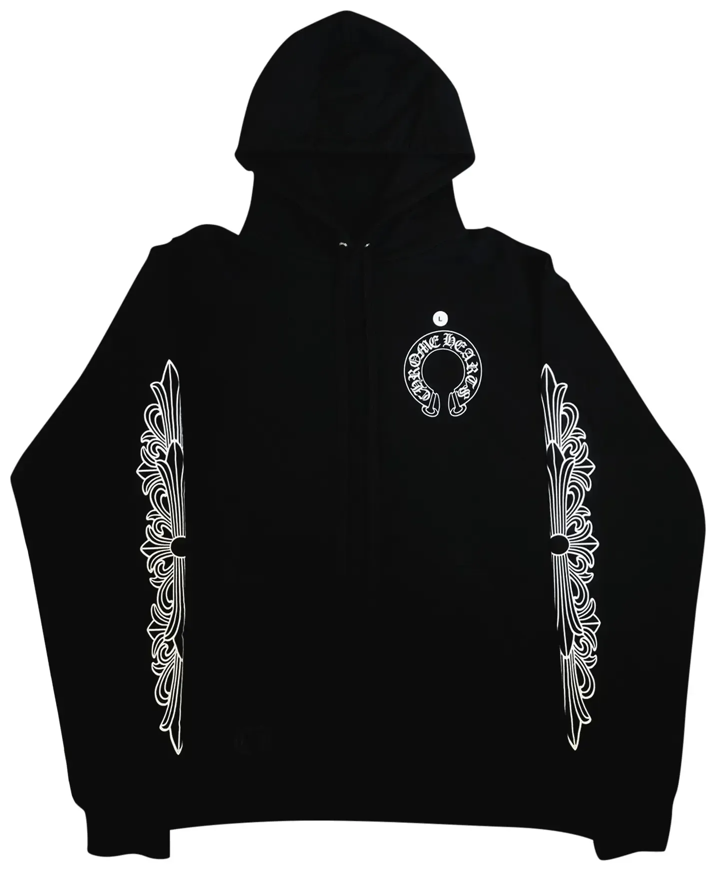 Black hoodie with white ornate design on sleeves and front.