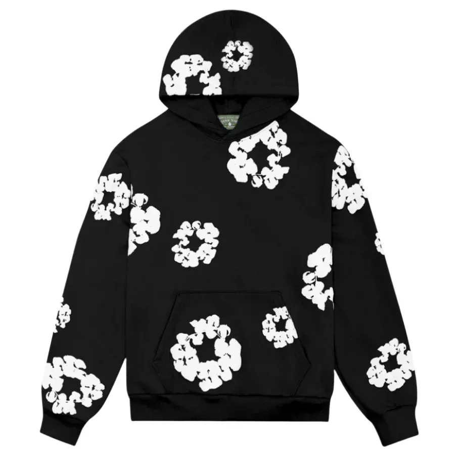 Black hoodie with white abstract floral pattern.
