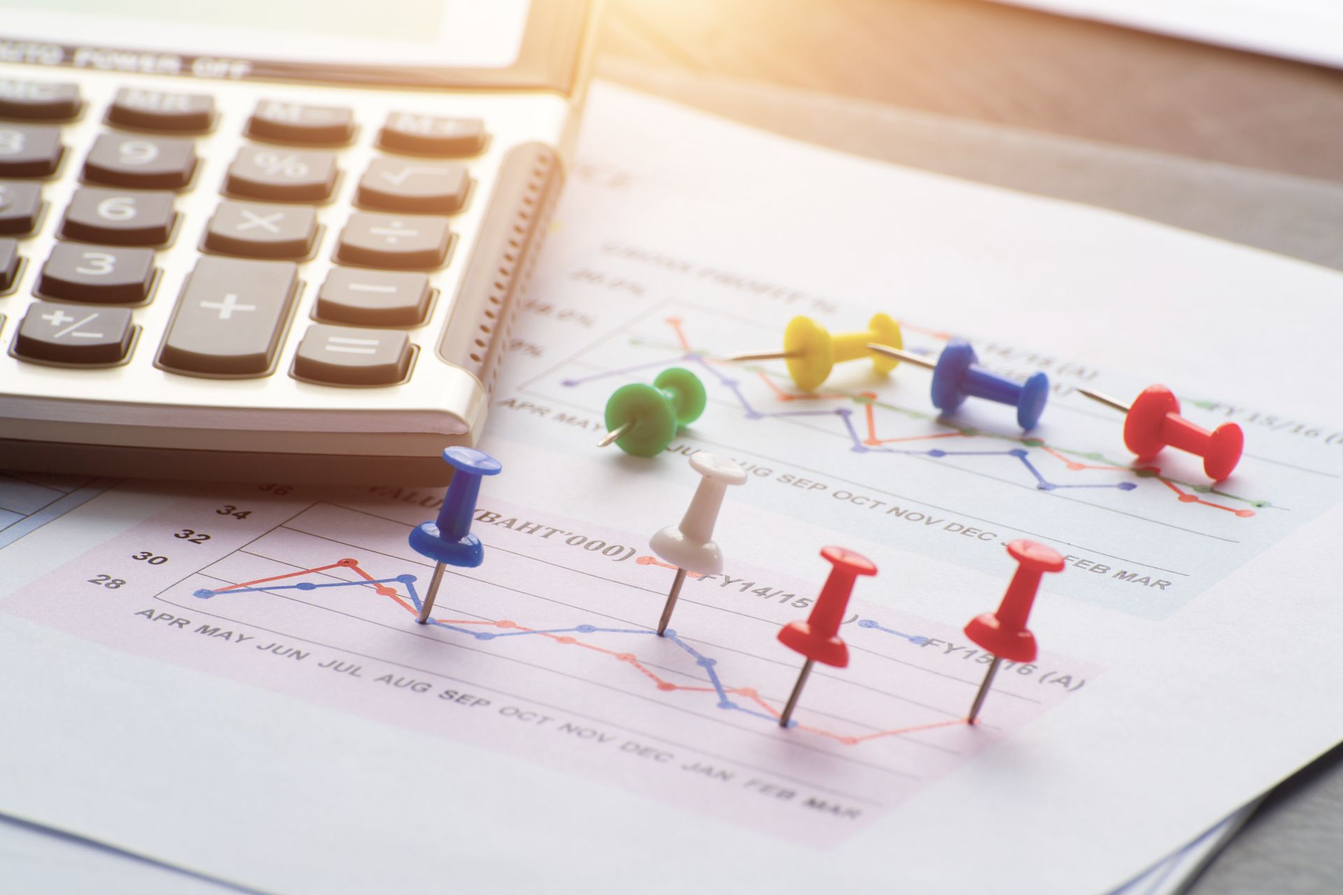 Calculator and pushpins on financial charts with line graphs.