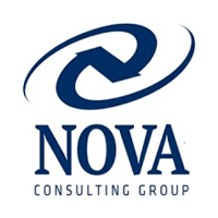 A blue nova consulting group logo on a white background