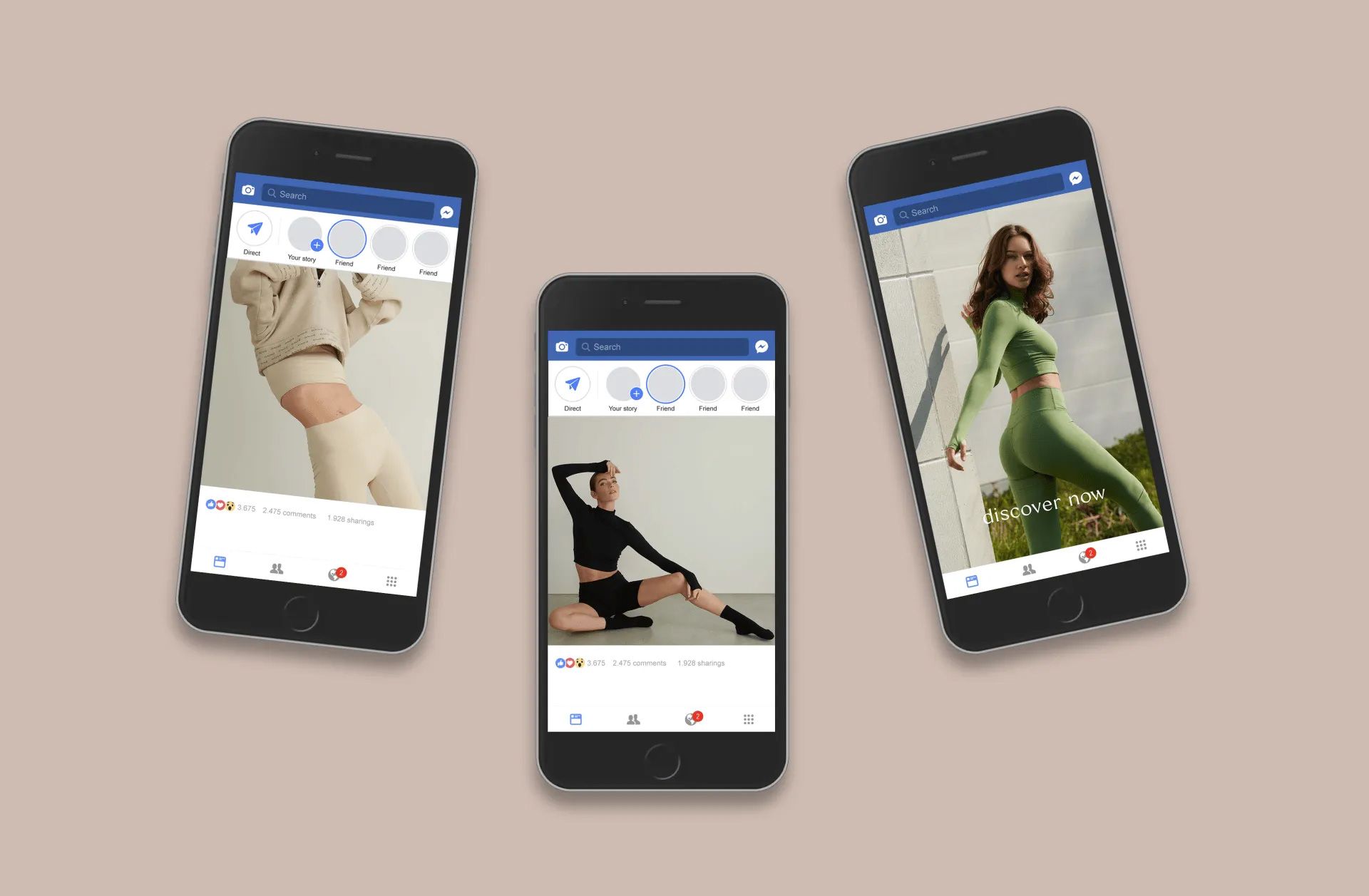 Drie smartphones tonen berichten over fitnesskleding in een Facebook-achtige app. Modellen in verschillende outfits zijn te zien, met beige, zwarte en groene sportkleding.