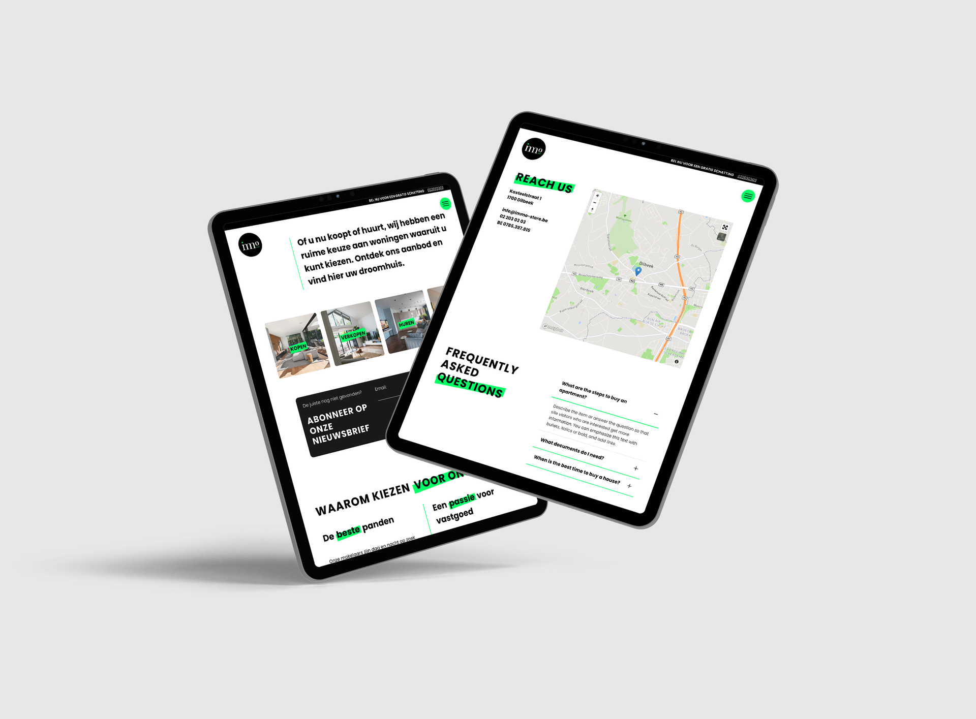Twee tablets met daarop een website in groen en wit design. De ene toont tekst en afbeeldingen, de andere een kaart.