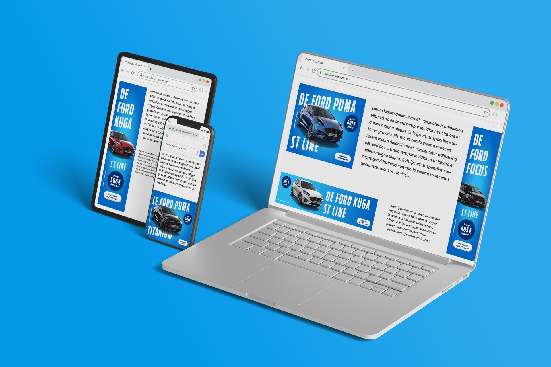 Digitale apparaten (tablet, telefoon en laptop) waarop een auto-advertentie op een blauwe achtergrond wordt weergegeven.