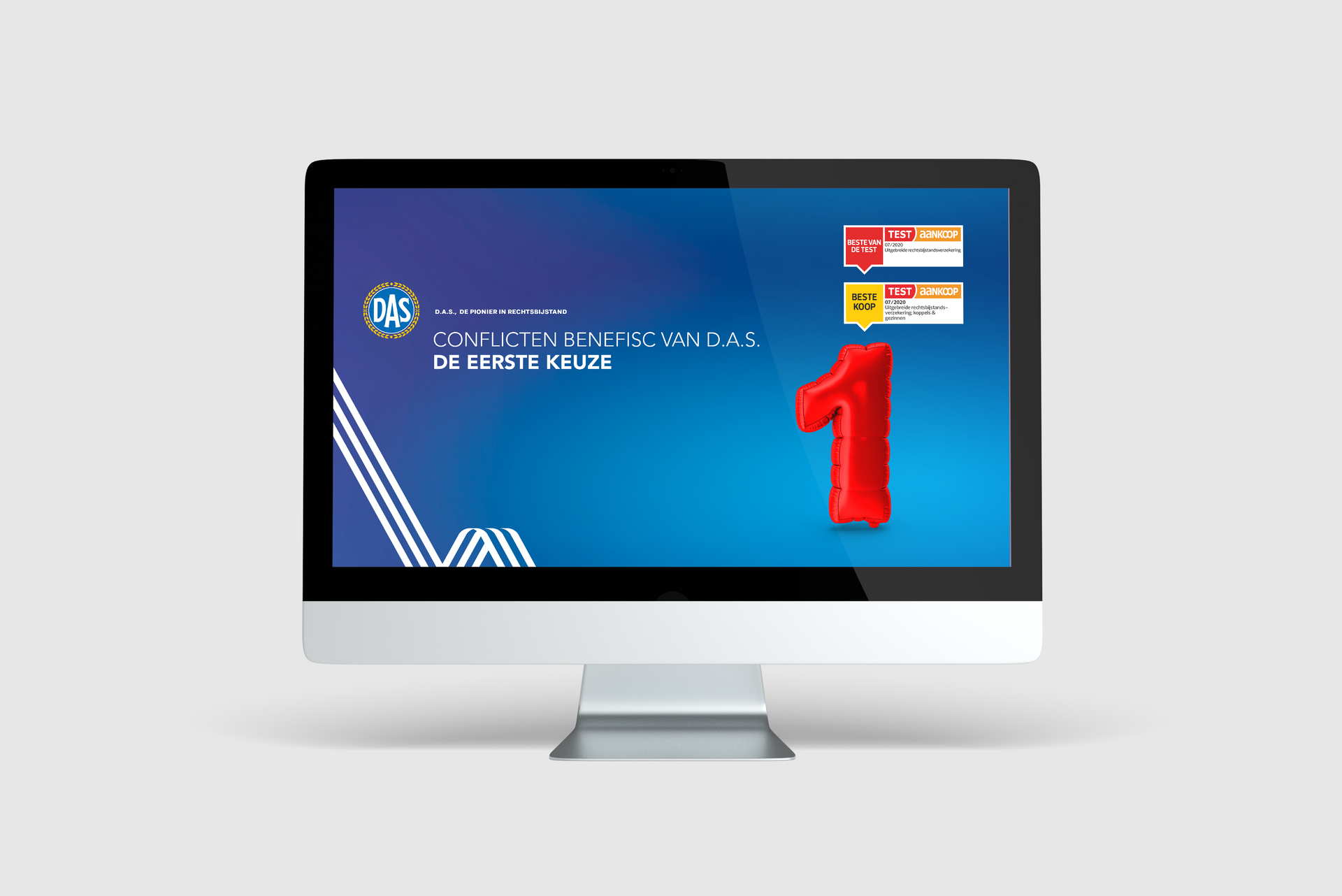 Computermonitor met een blauwe achtergrond met tekst en een rood cijfer 1. Rechtsboven ziet u twee kleine badges.