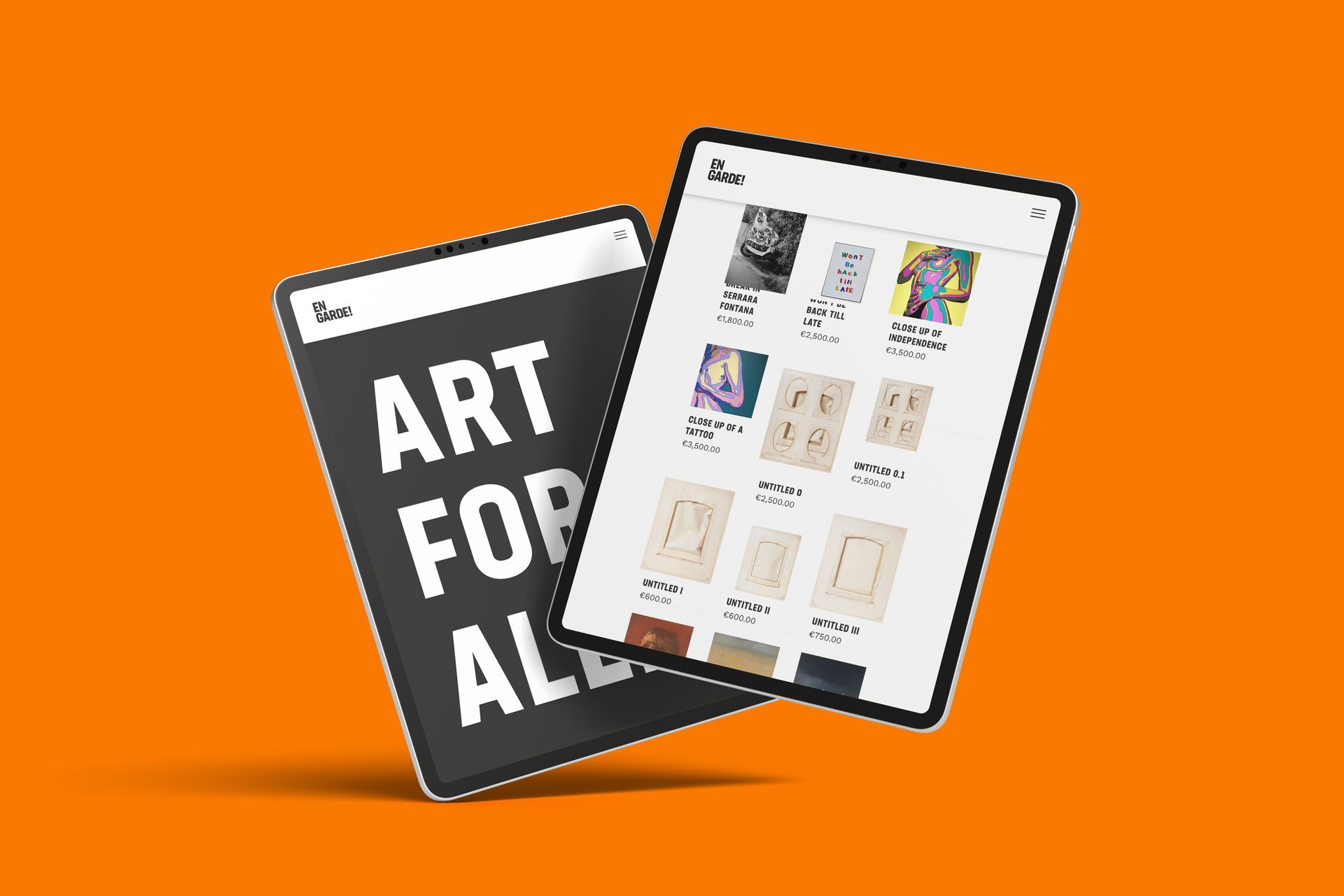 Twee tablets met een online kunstmarkt. Op de ene staat 