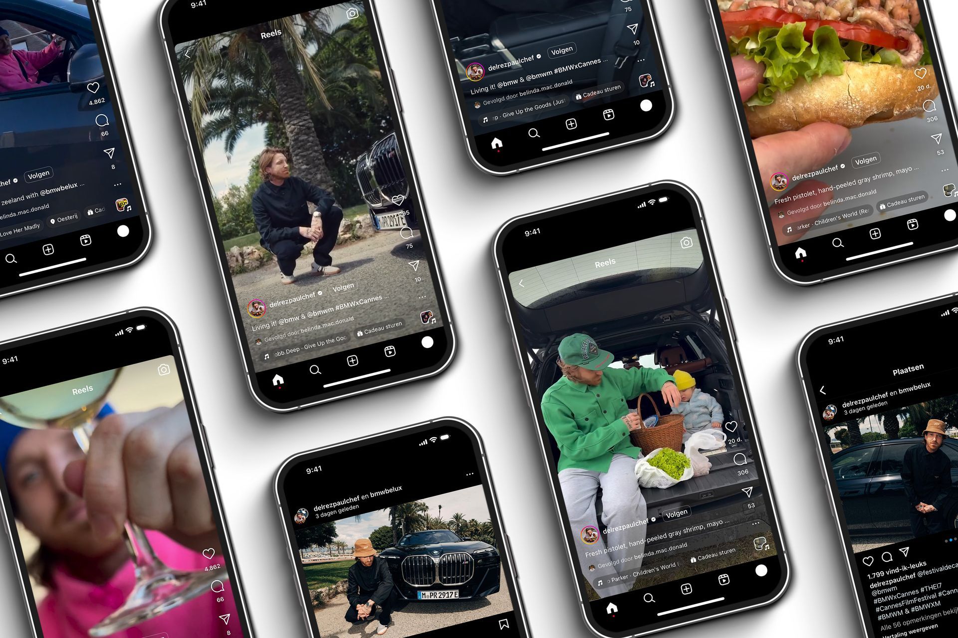Mobiele telefoons waarop verschillende video's worden weergegeven, waaronder mensen, auto's, eten en buitenscènes.