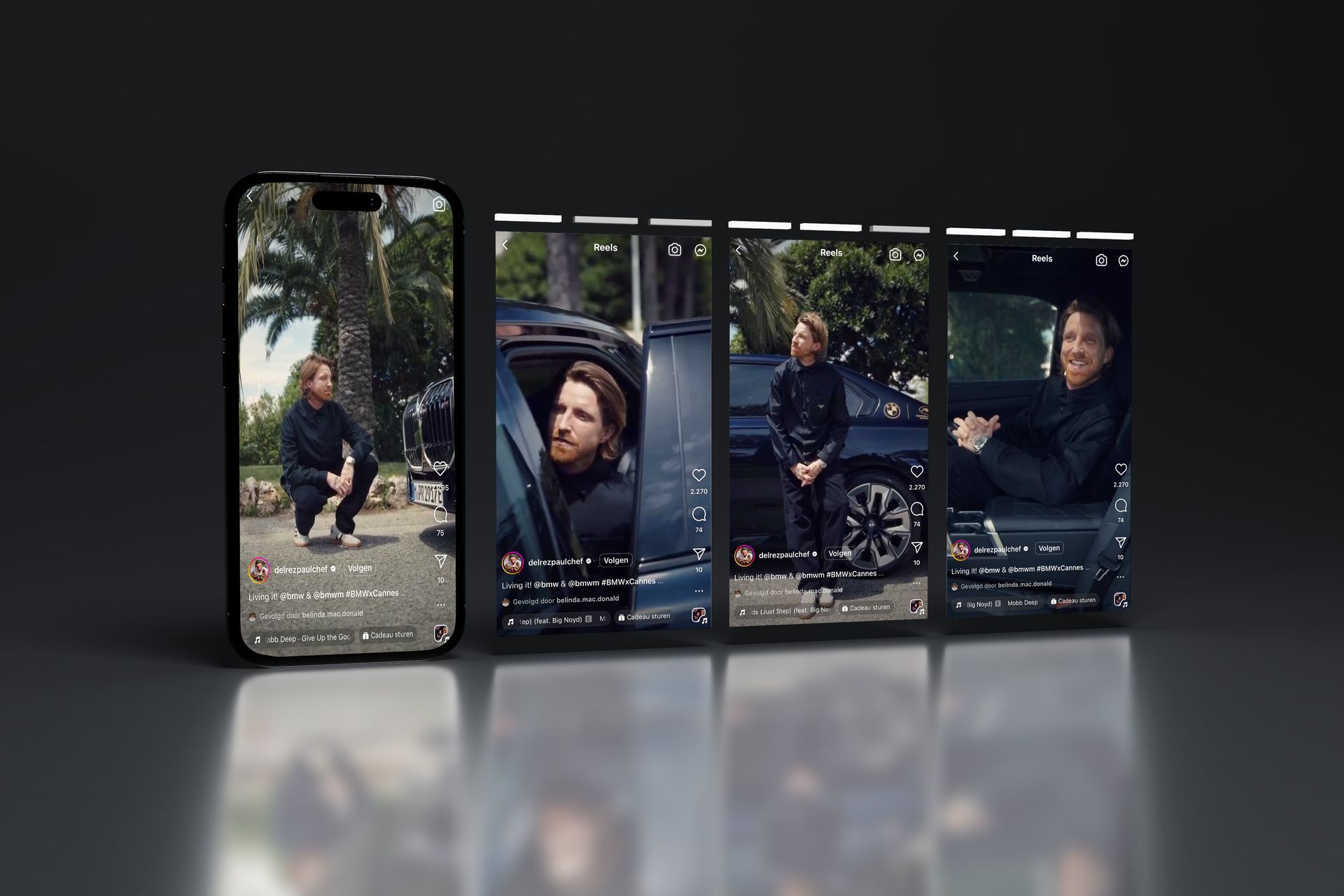 Op een smartphone is een TikTok-videoserie te zien van een man in een zwart pak die buiten met een auto communiceert.