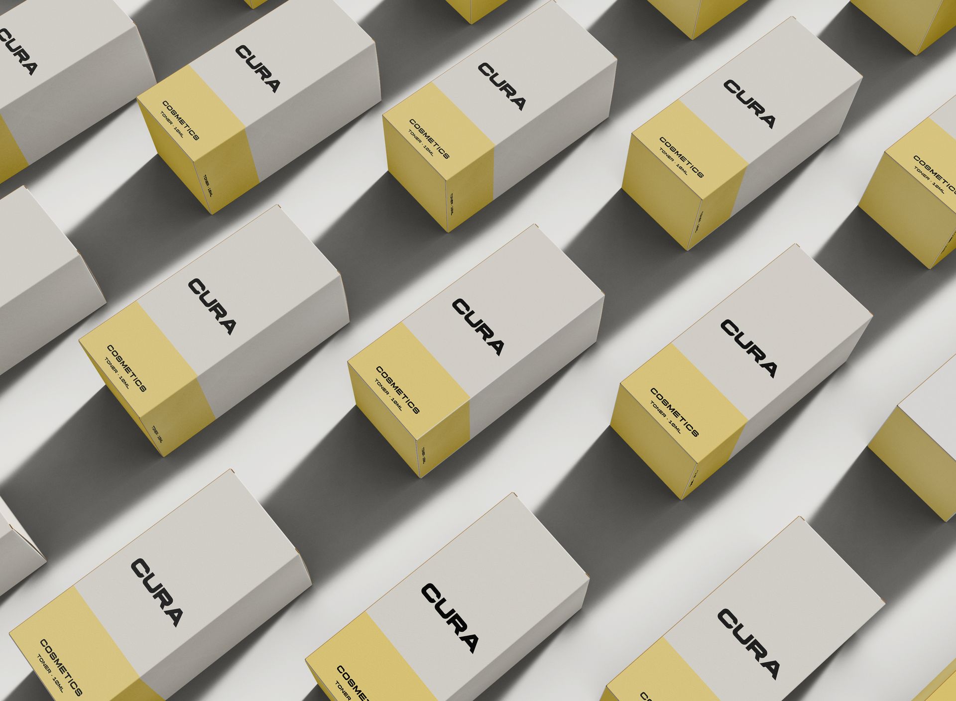 Rijen witte en gele rechthoekige productdozen met het opschrift 