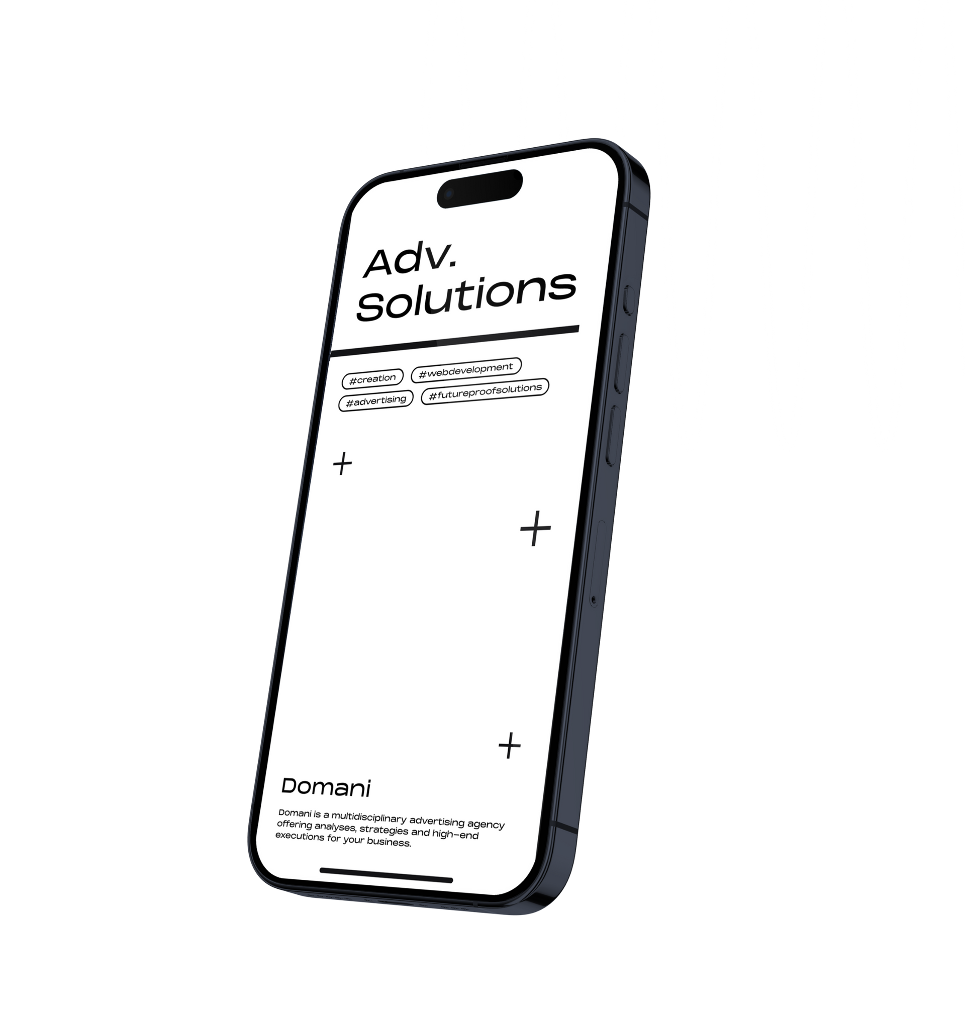 Smartphonemodel met een wit scherm met bovenaan de woorden 'Adv. Solutions', een lijst en een bedrijfsnaam.