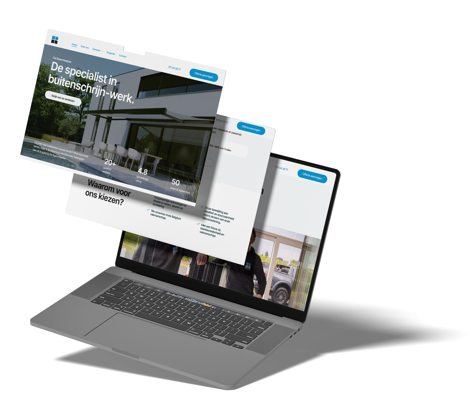 Een laptop met daarboven een afbeelding van een website.