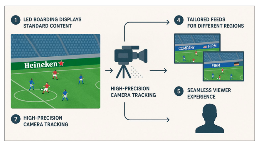 Diagram van een voetbalwedstrijd met LED-boarding, zeer nauwkeurige cameratracking en op maat gemaakte feeds voor verschillende regio's, waardoor de kijkervaring wordt verbeterd.
