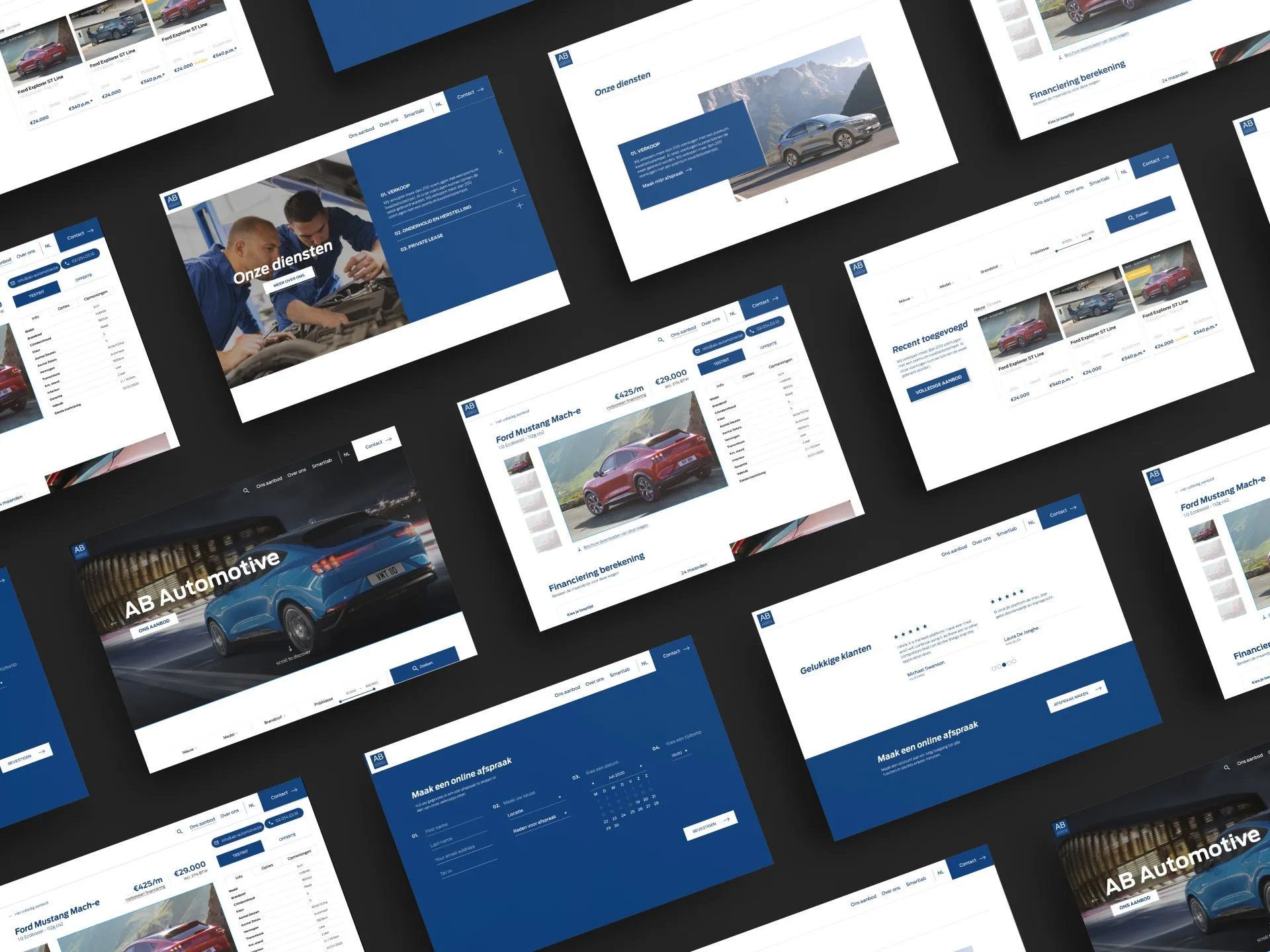 Meerdere websitemockups, voornamelijk in blauw en wit, met advertenties en informatie over auto's, weergegeven op een donkere achtergrond.