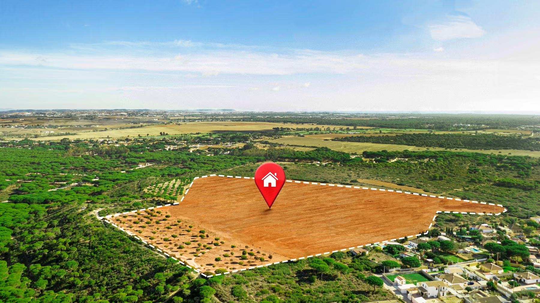Une vue aérienne d'un champ avec une épingle rouge pointant vers une maison.