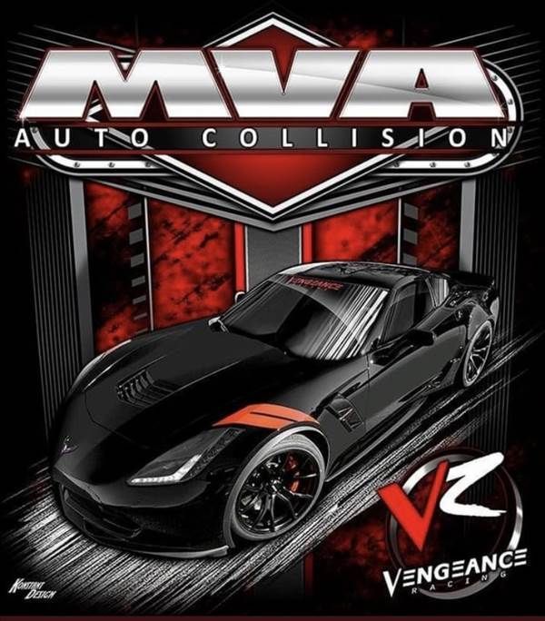 A black sports car on a red and black background with "MVA Auto Collision" and "Vengeance Racing" logos.