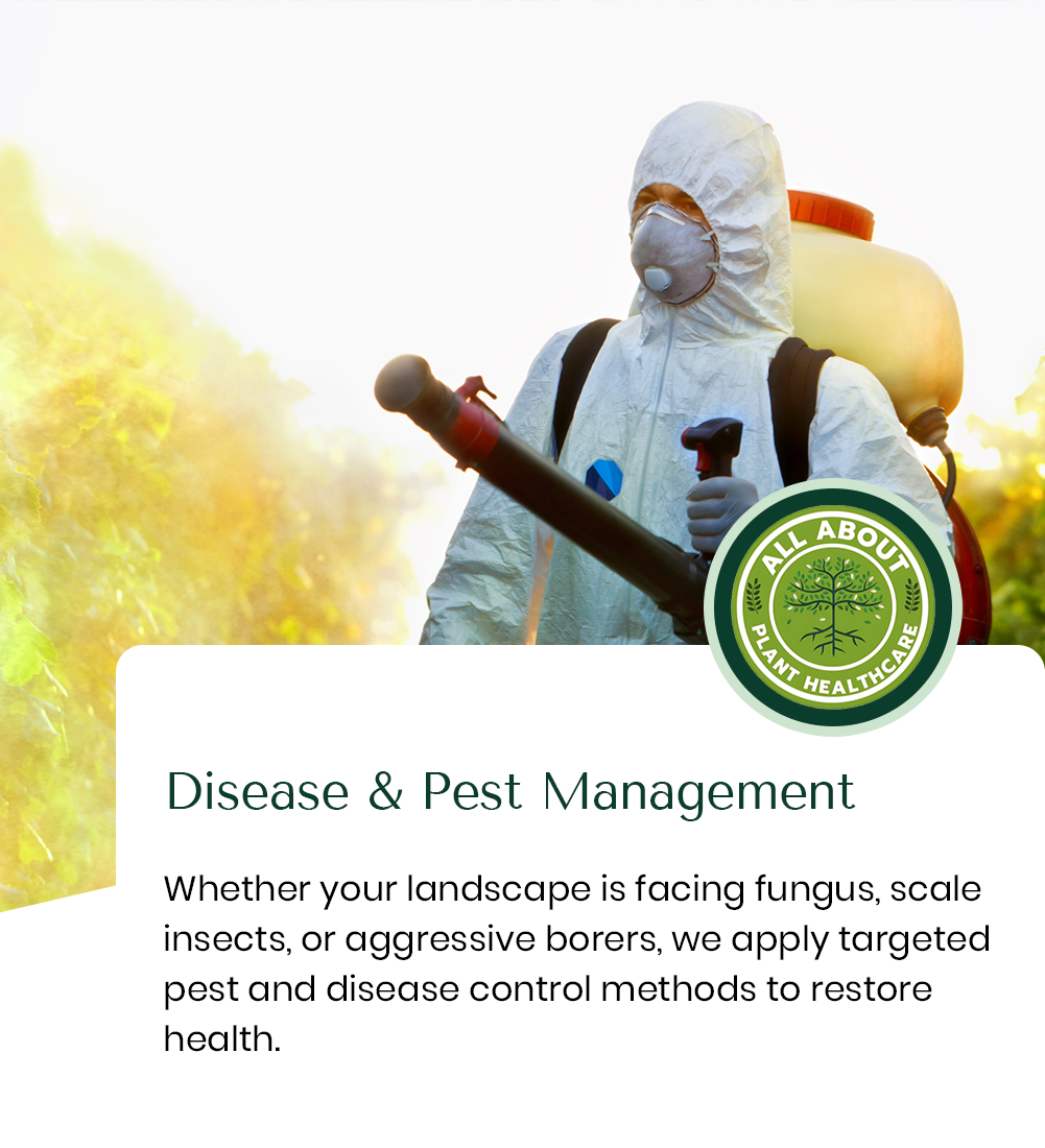 Person in protective gear spraying. Text: Disease & Pest Management.