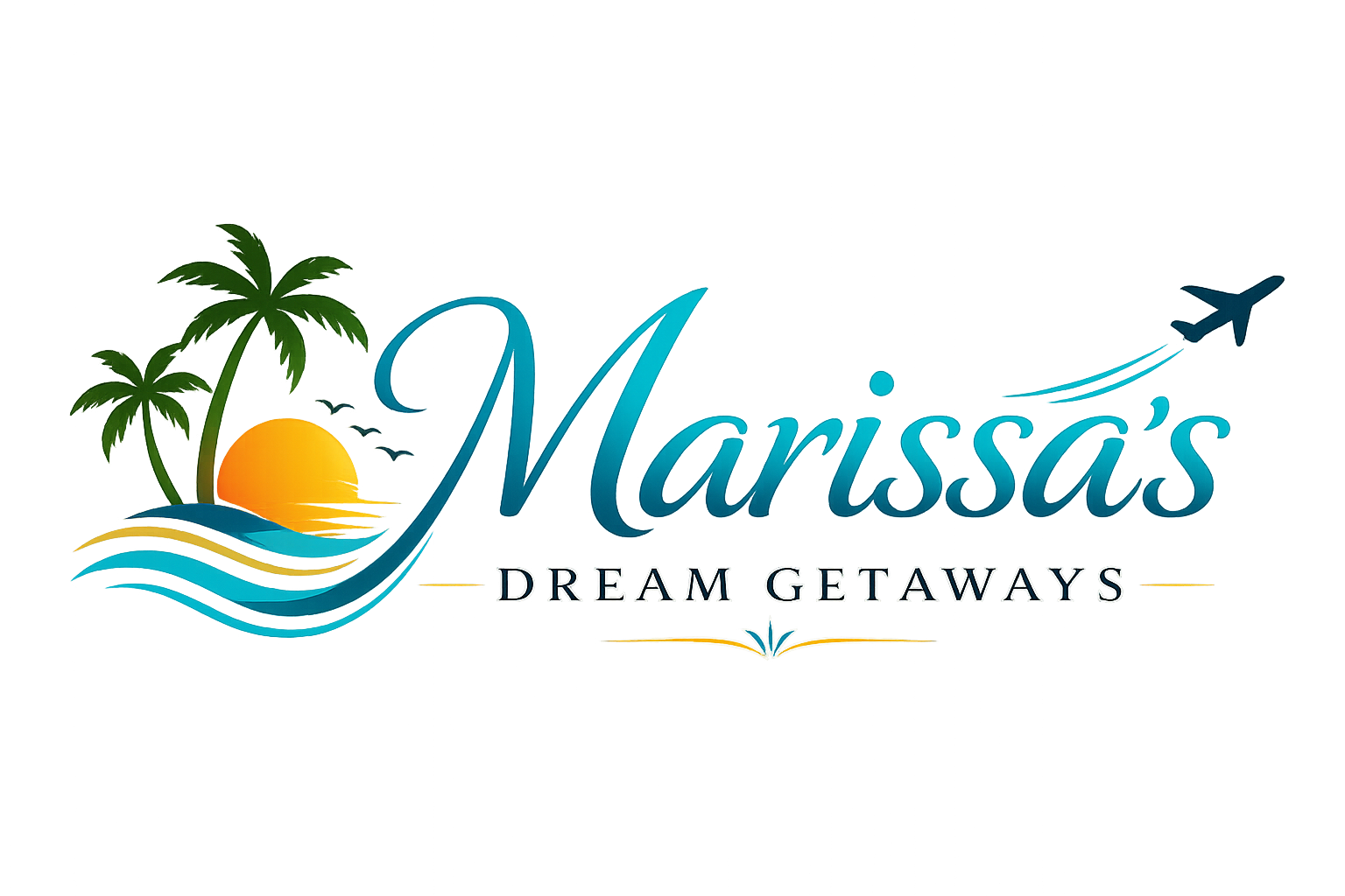 Marissa’s Dream Getaways logo with palm trees, sunrise, waves, and teal script text