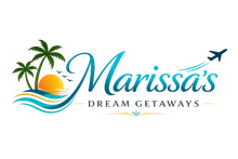 Marissa&rsquo;s Dream Getaways logo with palm trees, sunrise, waves, and teal script text