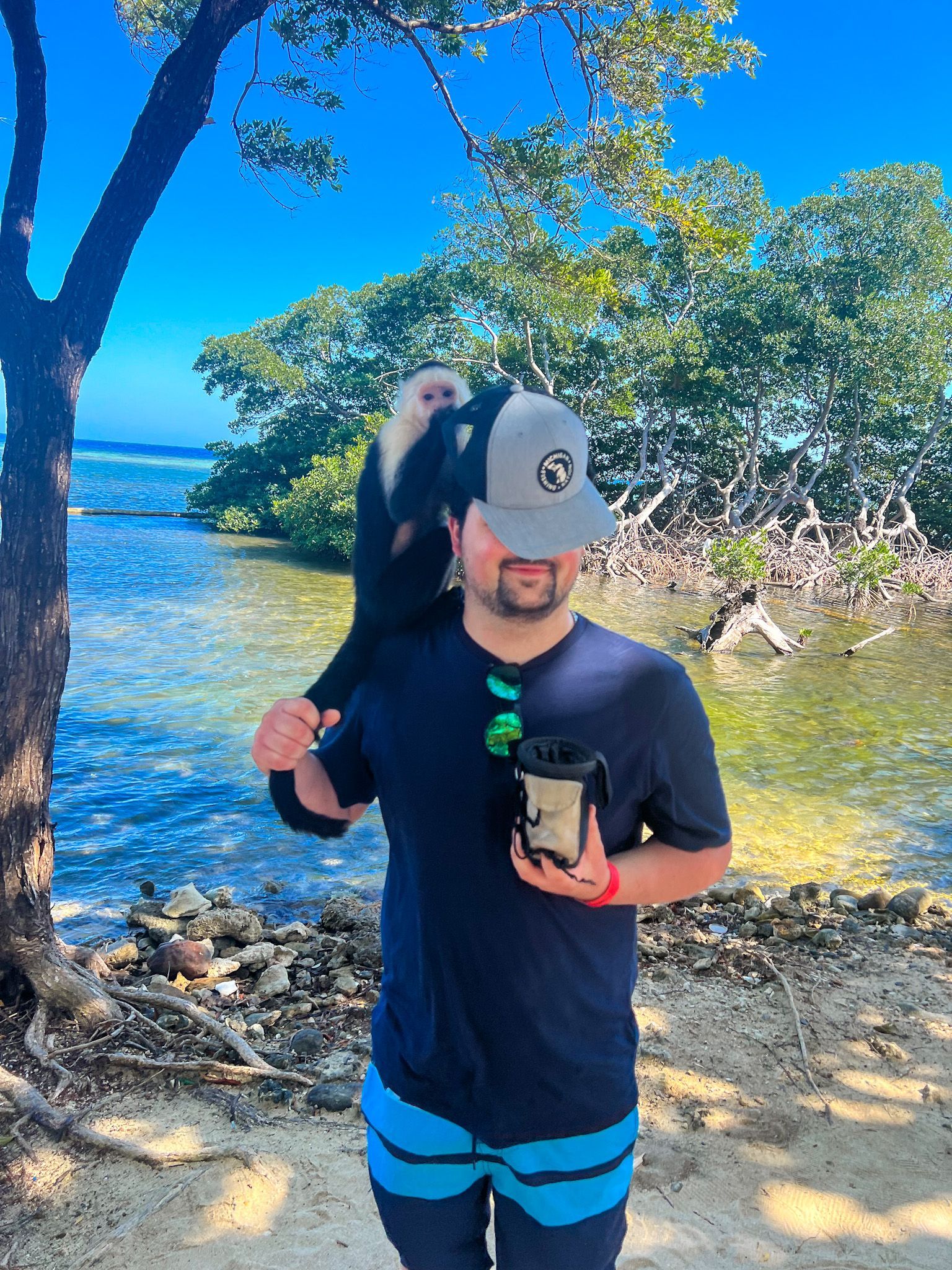 Person in navy shirt and cap stands by a rocky lakeshore, holding a phone with a monkey on their shoulder.