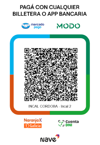 QR code for payments. Includes logos of Mercado Pago, Modo, NaranjaX, Galicia, Cuenta DNI, and Nave.