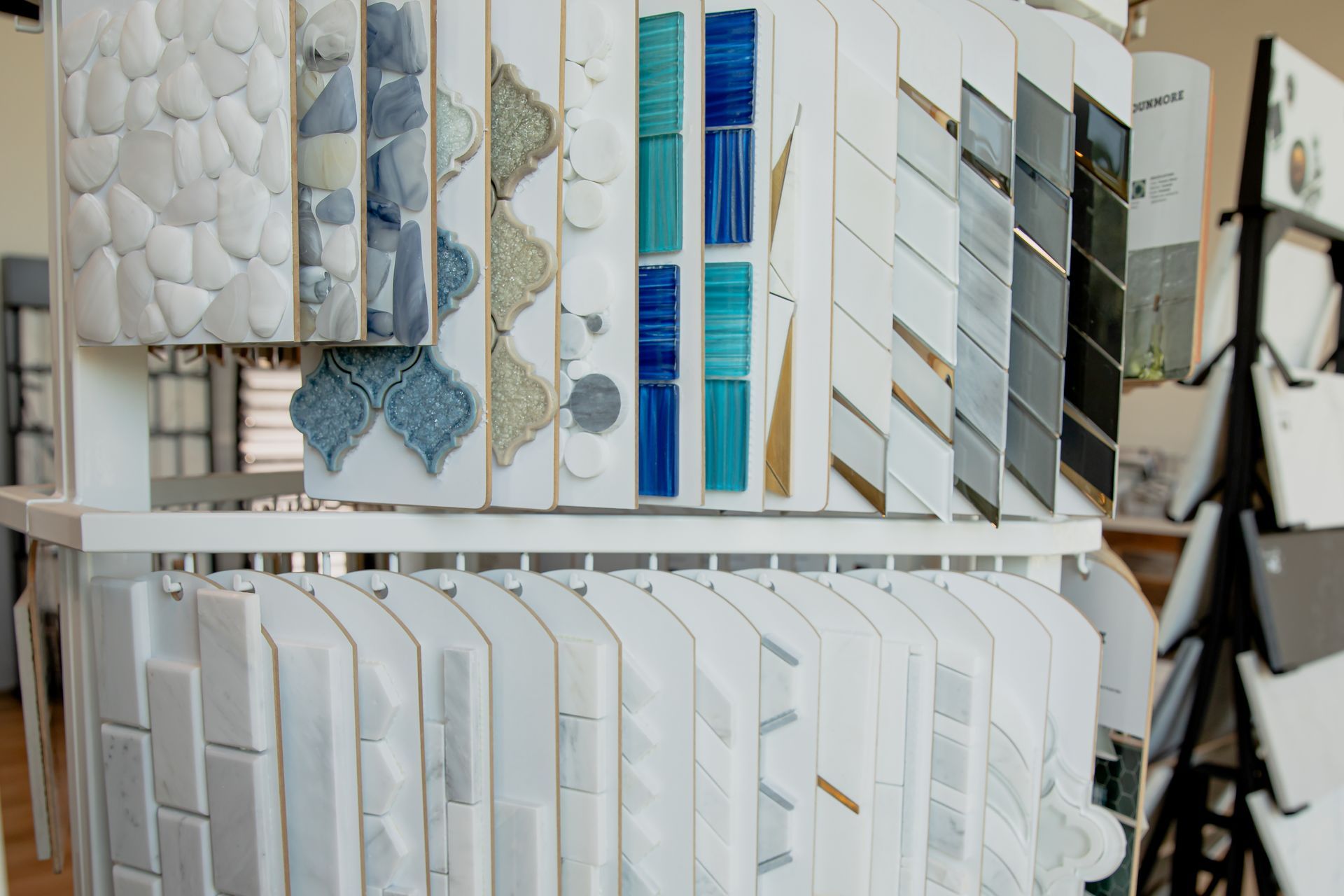 A display of different types of tiles in a store.