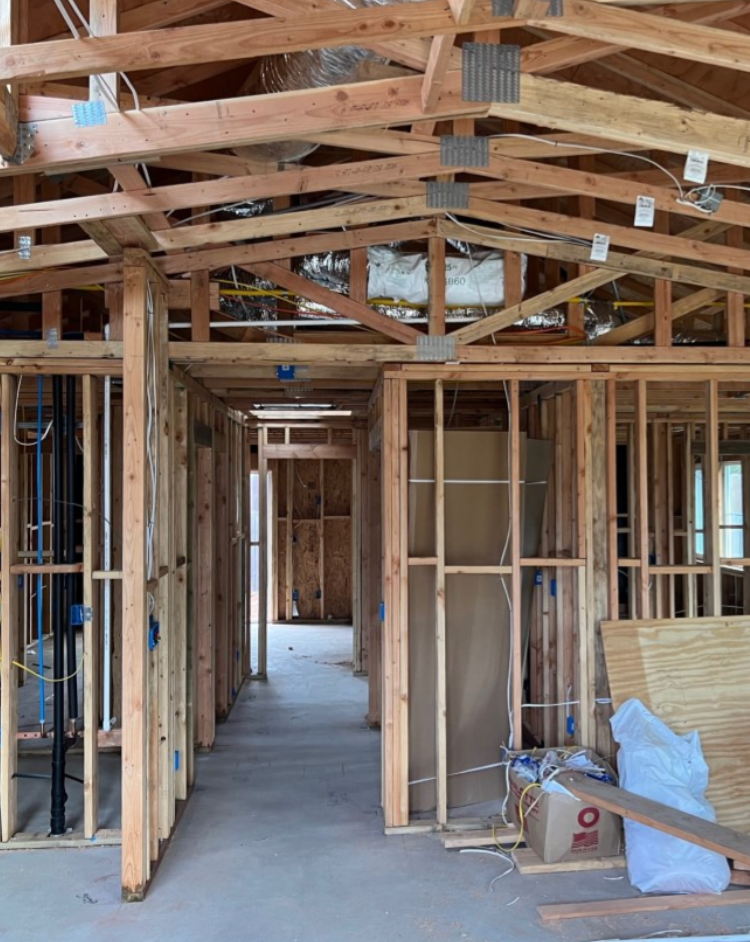 The inside of a house under construction with a box that says o on it