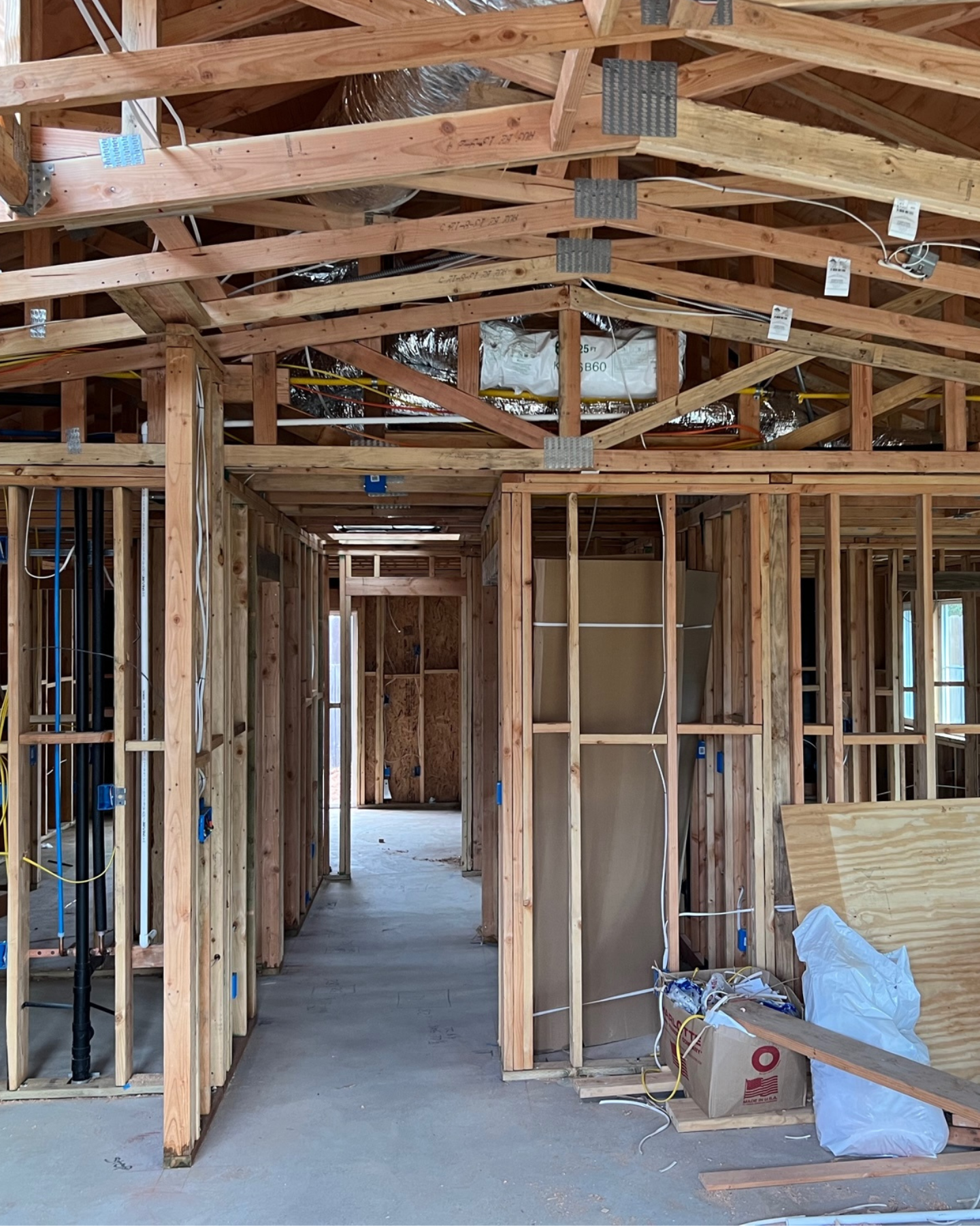 The inside of a building under construction with a box that says o on it