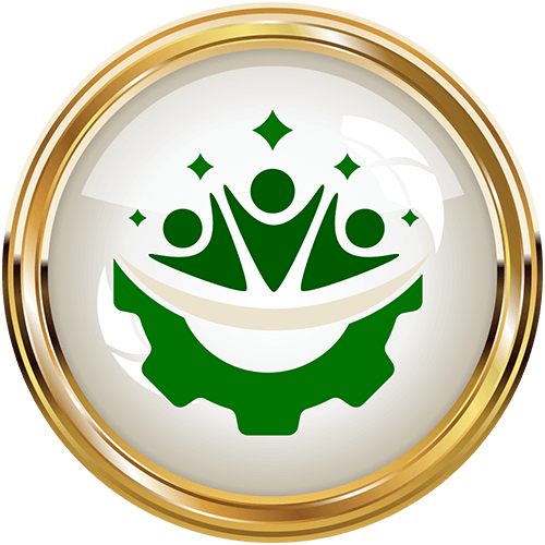 Green graphic within a gold ring, showing a gear with three stylized figures above, each with arms raised.