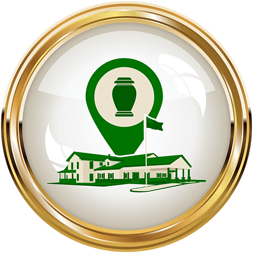 Green graphic of a building, map marker, and urn inside a gold circle, likely representing a cemetery or memorial location.