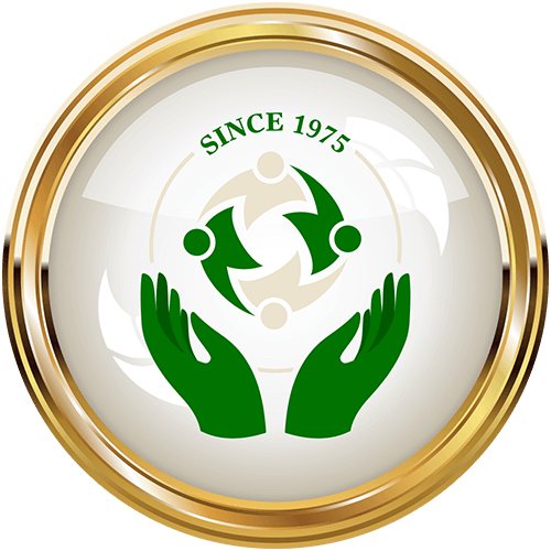 Green hands cradling a green and beige circular design of people, with