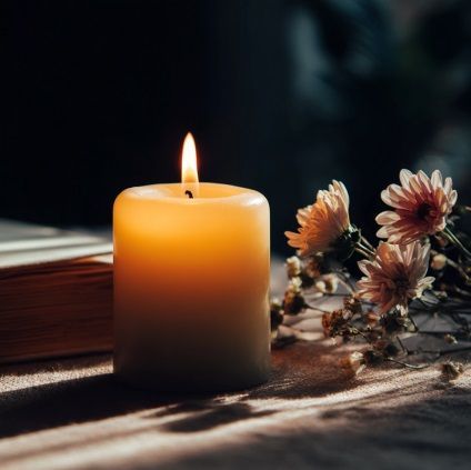 Lit candle with soft florals creating a calm and comforting setting for funeral homes Cedarburg, WI.