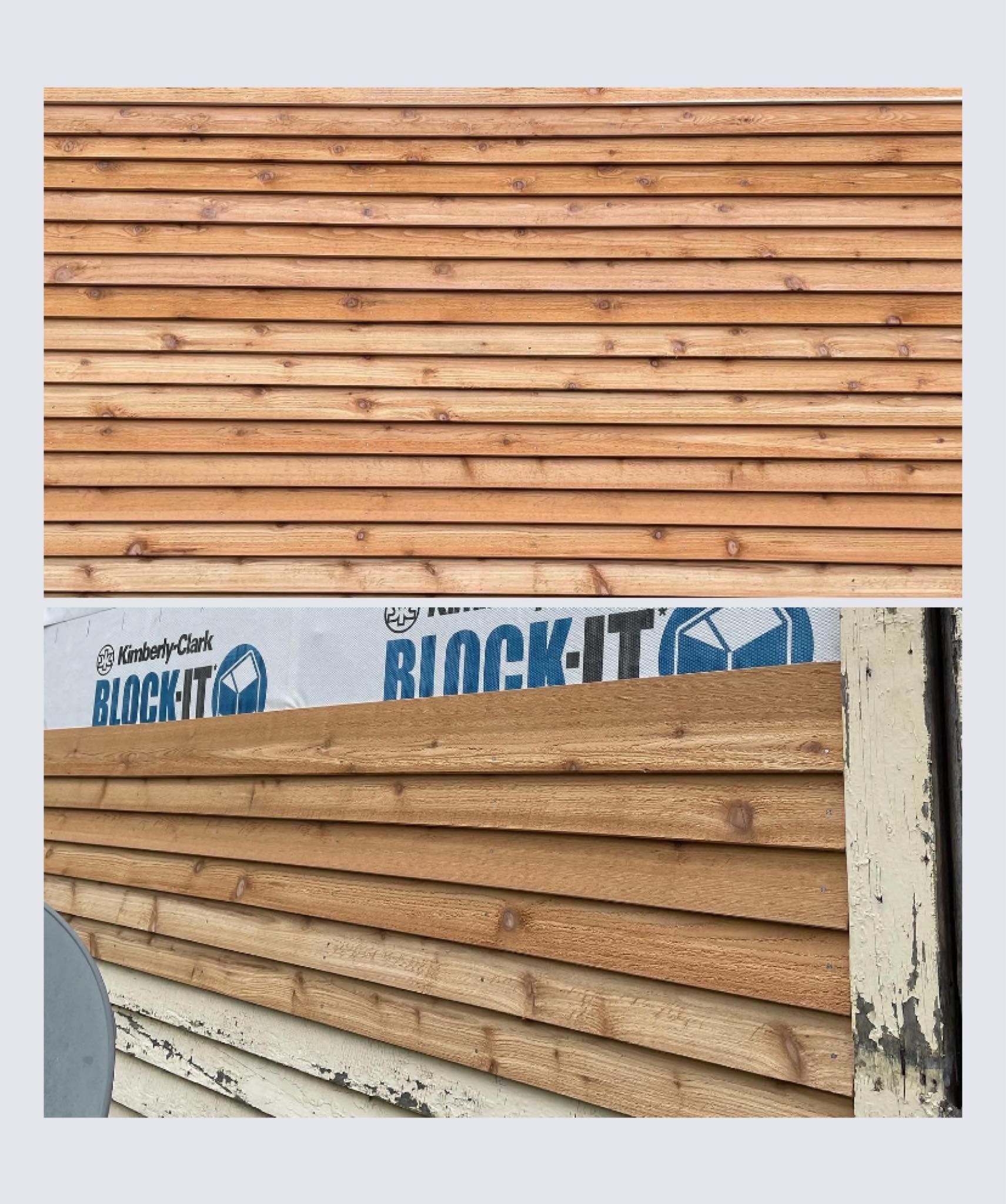 Top: Horizontal cedar siding. Bottom: Cedar siding over blue protective wrap.