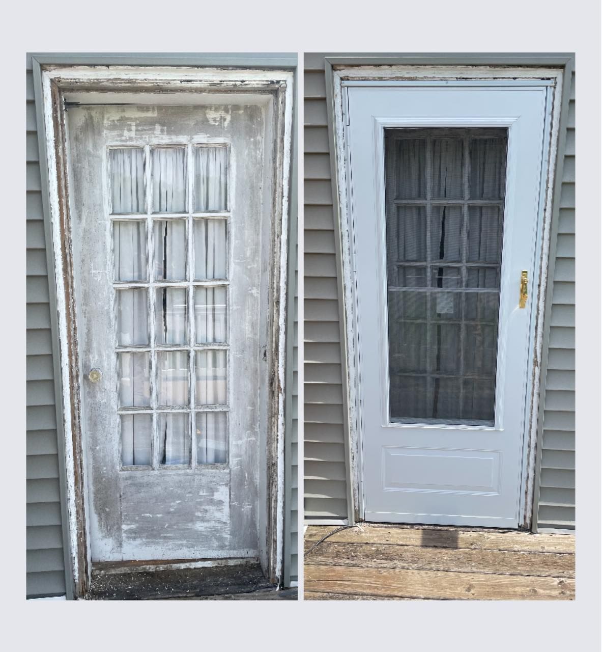Before and after of a white-painted exterior door; old door is weathered, new door is clean.