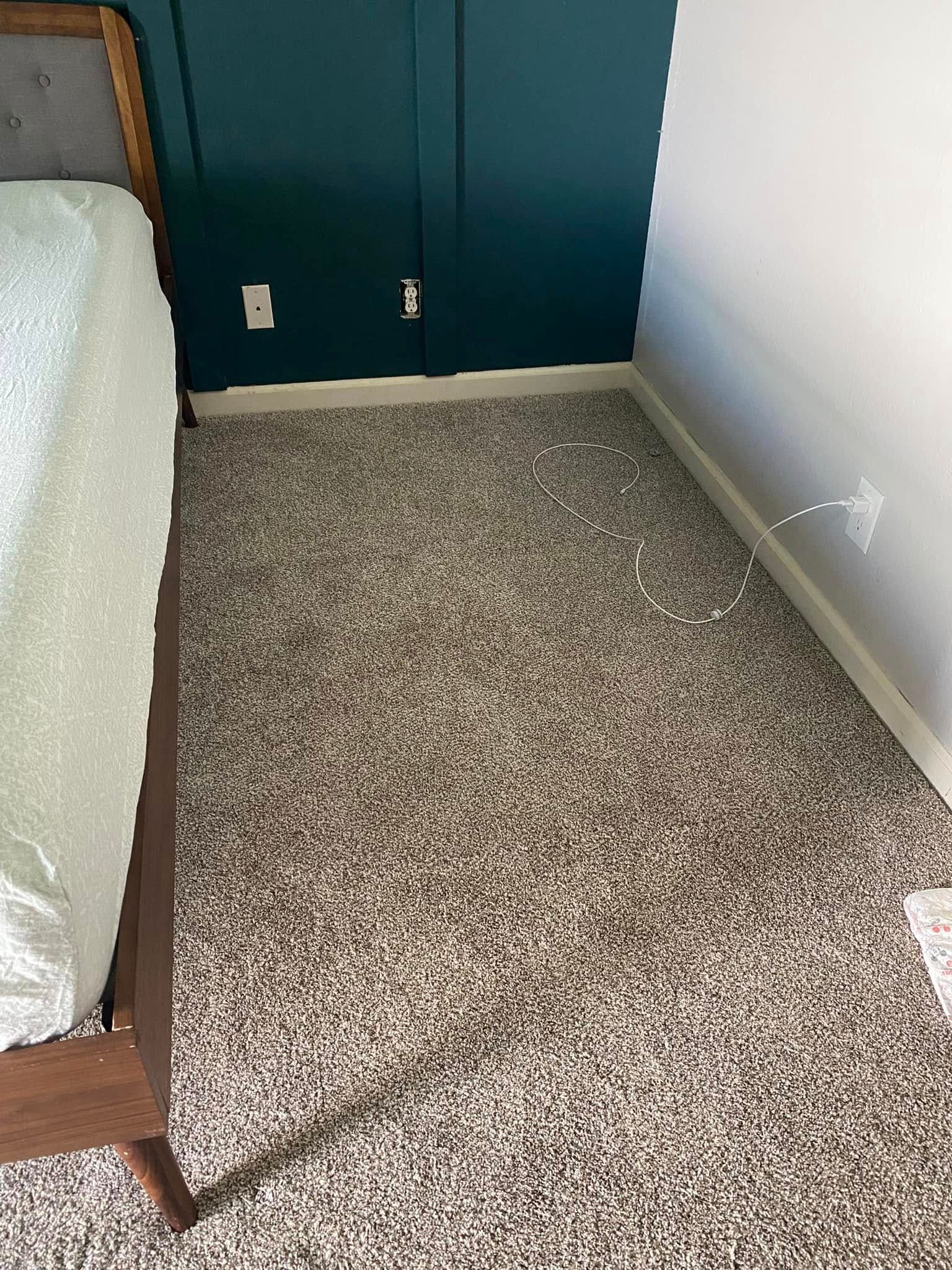 Bedroom with dark blue wall, gray carpet, and bed frame.