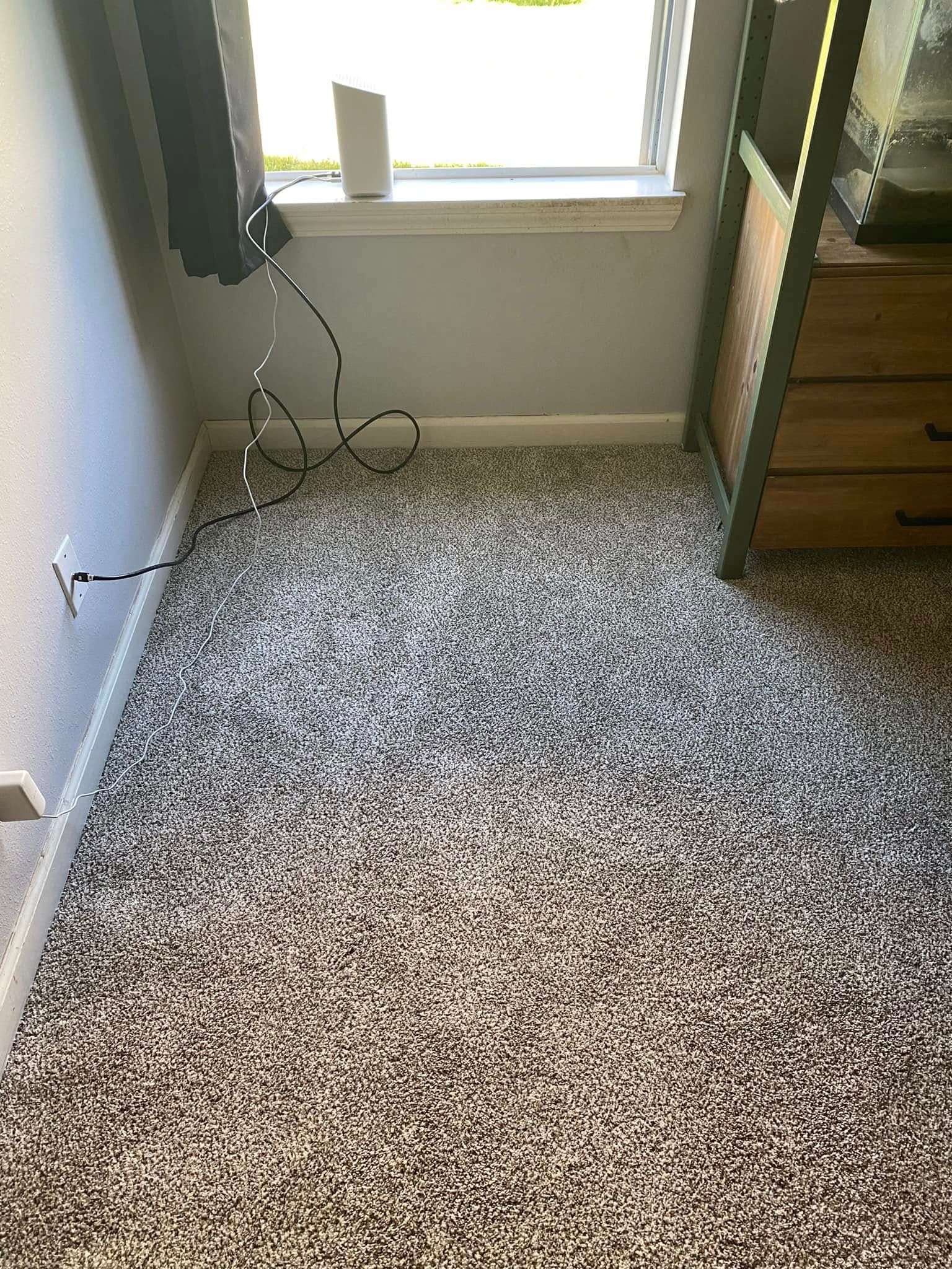 A corner of a room with gray carpet, a window, and a wooden dresser.