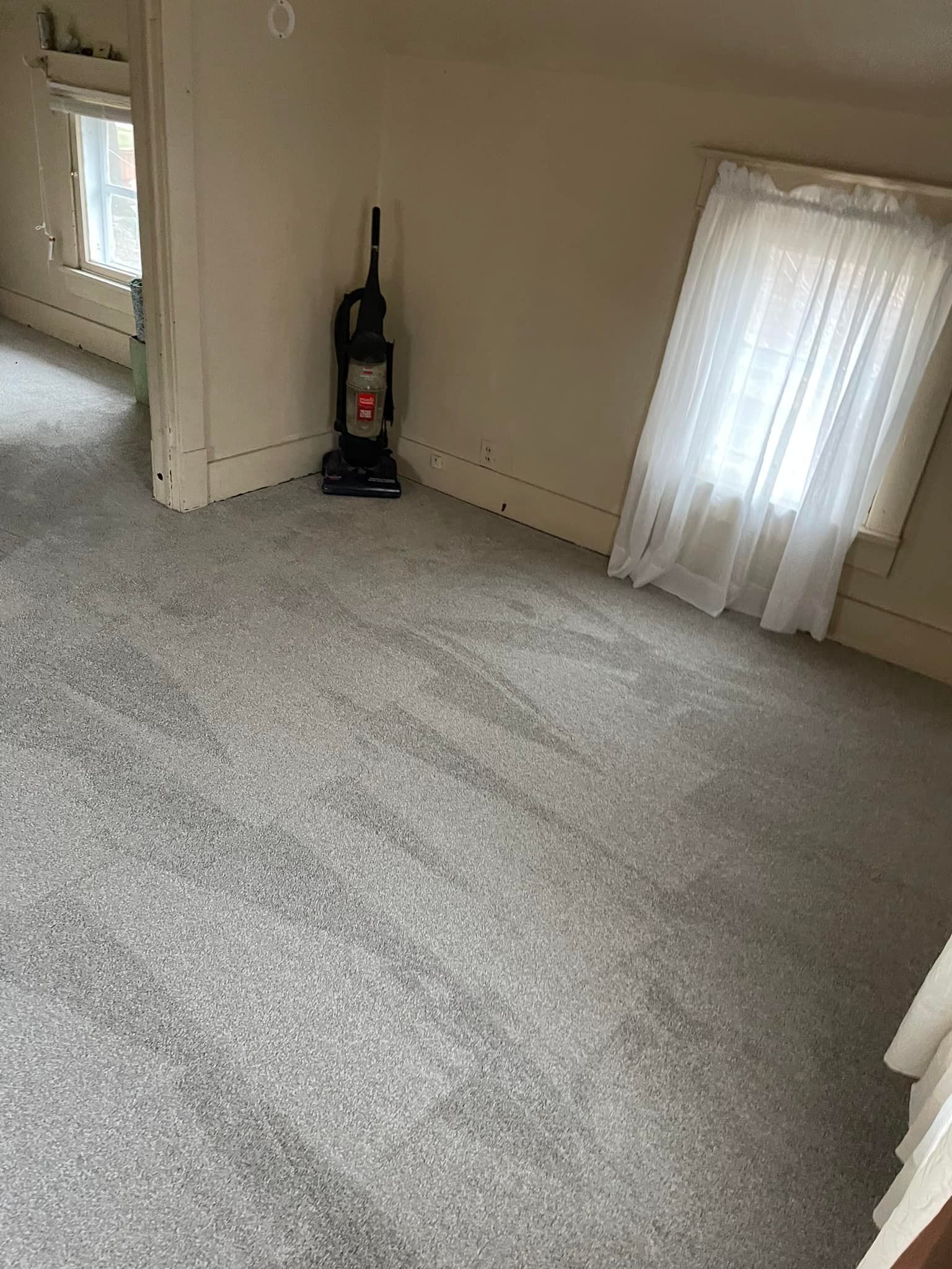 A room with gray carpet, a vacuum cleaner, and a window with sheer curtains.