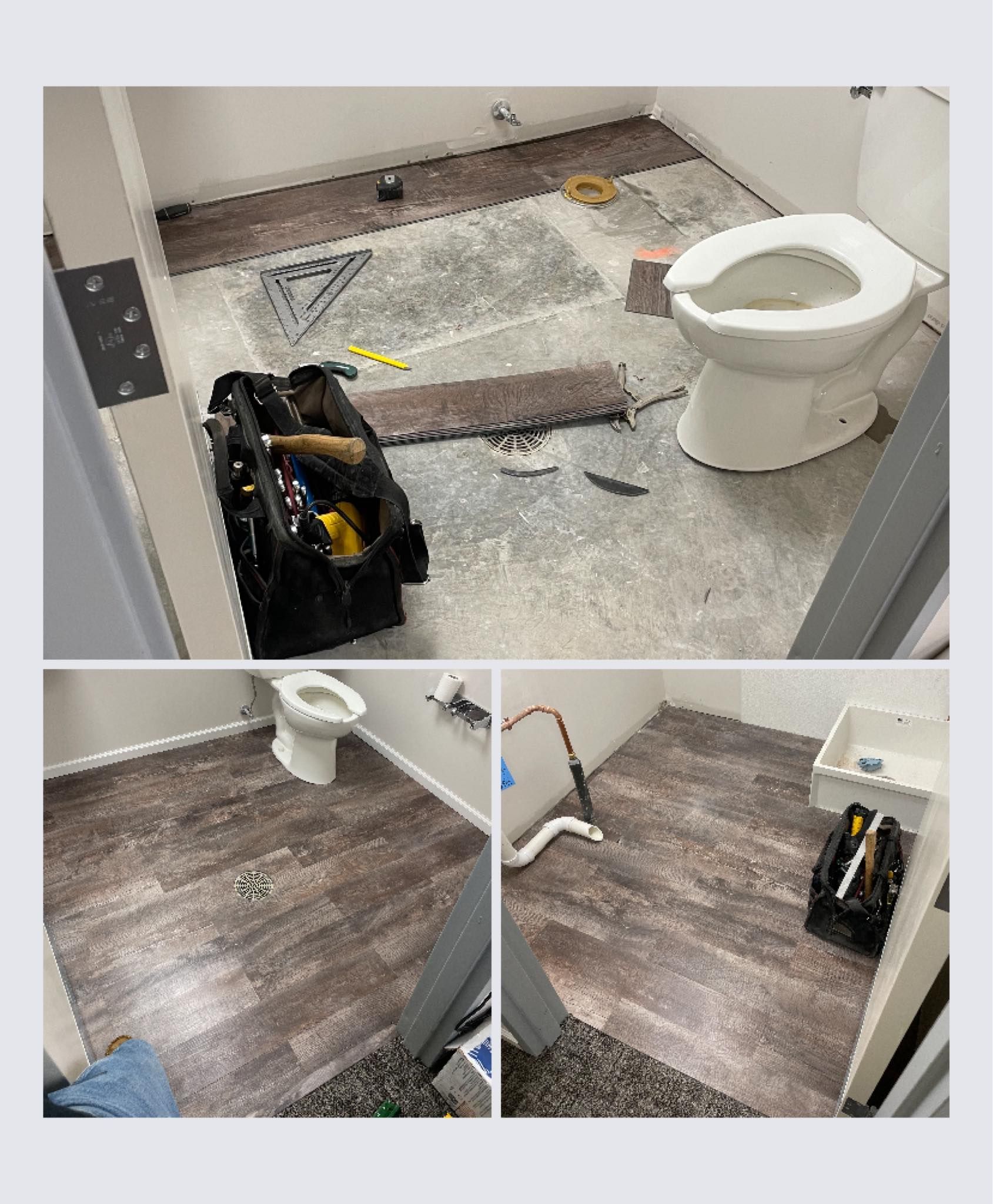 Bathroom renovation: Before, during, and after. Installing wood-look flooring, toilet and tools visible.