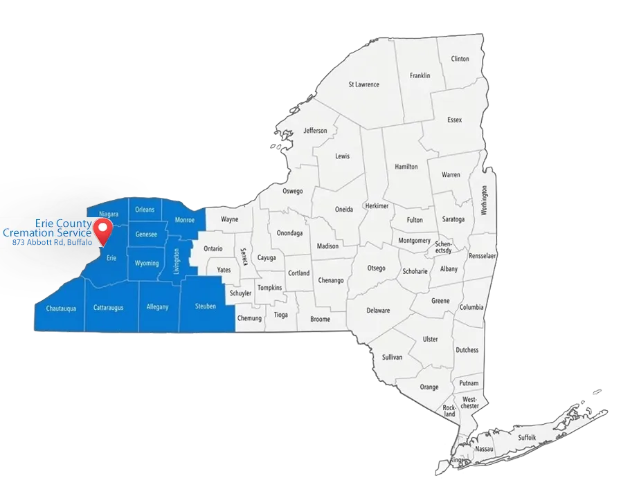 A map of New York state with the western counties highlighted in blue and a pin marking Erie County Cremation Service.