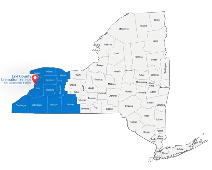 A map of New York state with the western counties highlighted in blue and a pin marking Erie County Cremation Service.