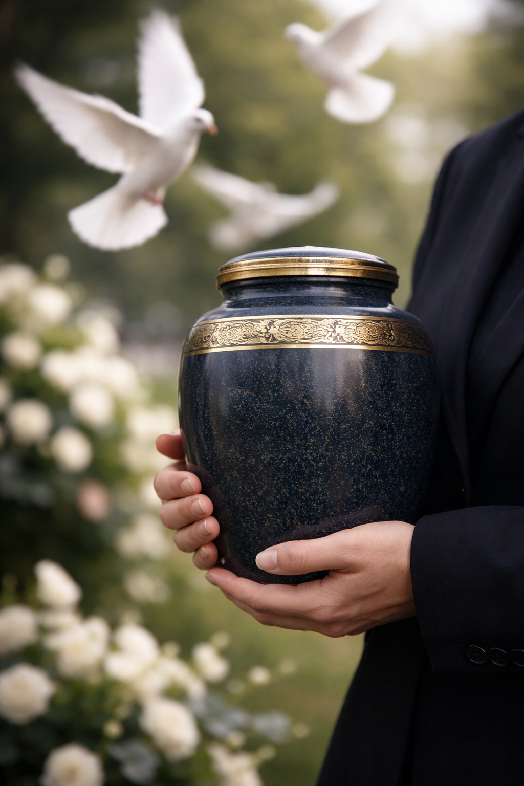 A person in a dark suit holds a dark blue and gold cremation urn outdoors, with white doves flying in the background.