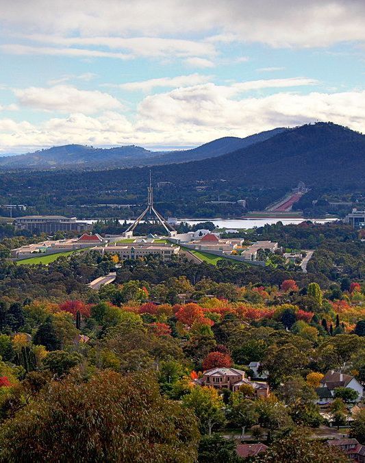 An aerial view of a city surrounded by trees and mountains.