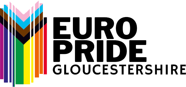 A logo representing EuroPride Gloucestershire - with a progress pride flag on the left and the text on the right.