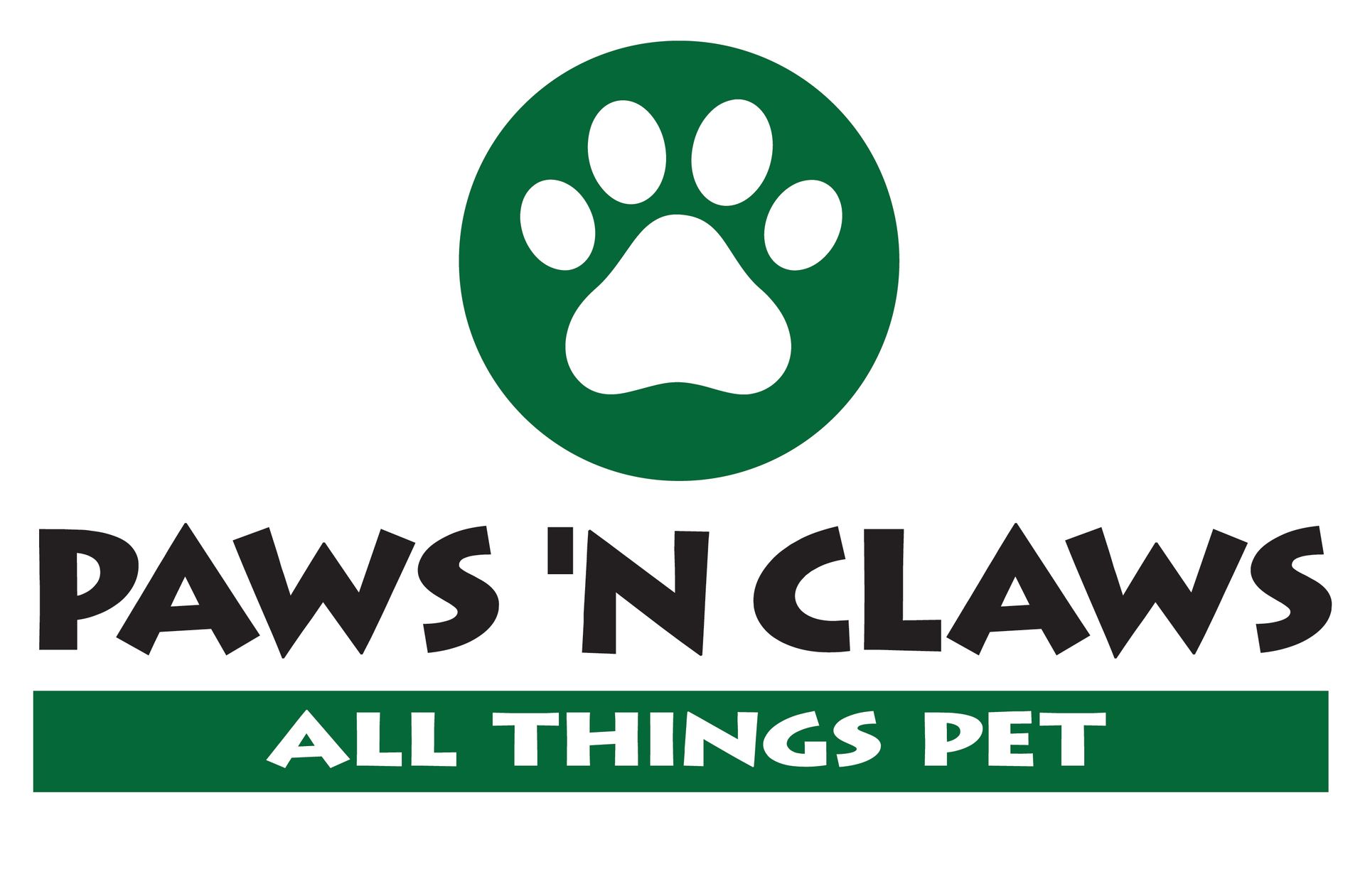 The logo for paws n claws all things pet shows a paw print in a green circle.