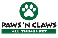 The logo for paws n claws all things pet shows a paw print in a green circle.