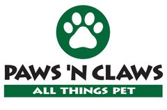 The logo for paws n claws all things pet shows a paw print in a green circle.