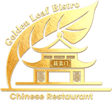Golden Leaf Bistro Chinese Restaurant logo with gold leaf and pagoda on white background