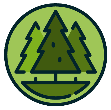 A green circle with three trees in it