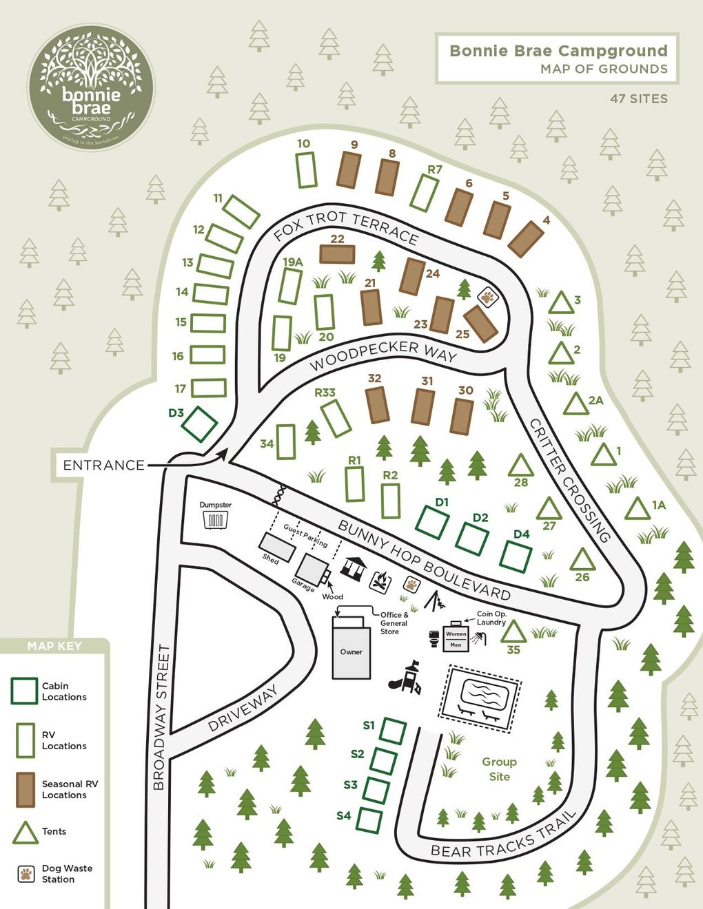An illustrated map of bonnie brae campground